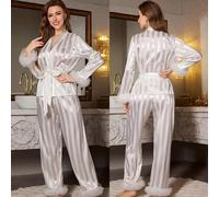 Pigiama Donna Completo Set Pantaloni Maglia Blusa Bianco Raso Satin 33519