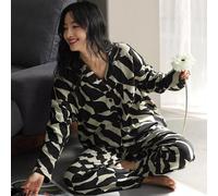 Pigiama Donna Completo Set Pantaloni Maglia Blusa Bottoni Bianco Nero 30554