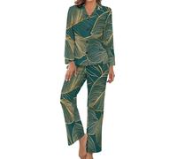 Pigiama Donna Con Bottoni Pantaloni A Tutta Lunghezza Pigiama Donna Leggero Con Stampa Lussuose Foglie A Strisce In Lamina D'Oro Due Pezzi Tutte Le Stagioni Taglie Forti Pigiami Da Casa Casual