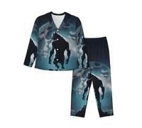 Pigiama Donna con Tasche - Moon Wolf Warrior Confortevole Lungo Set 2 Pigiama Donna, Nero , L