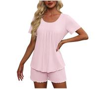 Pigiama Donna Corto Set Pigiama Estivo due Pezzi Maglietta e Pantaloncini Basic Top a Maniche Corte con Girocollo Tuta Estiva da Donna Set da Salotto Tuta Casual da Casa Morbido e Confortevole Pigiami