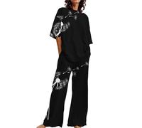 Pigiama Donna Cotone Camicia Adatta da Donna o Collo Ampio a Maniche Corte con Stampa Floreale con Pantaloni Taglia Grande 2 Set Set Pigiama Coppia Pile Pigiama Donna Lungo (Black, XXXXXL)