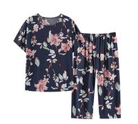 Pigiama Donna Cotone e Lino Elegante Pigiami Set Pigiama Donna Estivo Curvy Set da Donna in Cotone e Lino Stampato Pigiami Donna Scollo Girocollo Con Button e Pantaloni Taglie Forti Casual e Moda