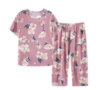 Pigiama Donna Cotone e Lino Elegante Pigiami Set Pigiama Donna Estivo Curvy Set da Donna in Cotone e Lino Stampato Pigiami Donna Scollo Girocollo Con Button e Pantaloni Taglie Forti Casual e Moda