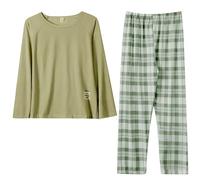 Pigiama Donna Cotone Leggero Set Autunnali da Donna, Pigiama Scozzese Girocollo Casual, vestibilità Ampia, 2 Pantaloni Larghi da casa con Tasca Tuta Pigiama Donna Cotone Pigiama Estate (Green, XL)