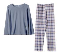 Pigiama Donna Cotone Leggero Set Autunnali da Donna, Pigiama Scozzese Girocollo Casual, vestibilità Ampia, 2 Pantaloni Larghi da casa con Tasca Tuta Pigiama Donna Cotone Pigiama Estate (Blue, XL)