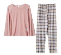 Pigiama Donna Cotone Leggero Set autunnali da donna, pigiama scozzese girocollo casual, vestibilità ampia, 2 pantaloni larghi da casa con tasca Tuta Pigiama Donna Cotone Pigiama Estate Donna (Pink, M)