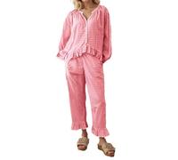 Pigiama Donna Cotone Manica Lunga,Pigiama alla Moda A Quadri per Il Tempo Libero con Pantaloni Lunghi con Orlo Arricciato E Camicia con Colletto Rilassato