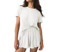 Pigiama Donna da Donna 2 Set di Indumenti da Notte a Maniche Corte in Maglia a Coste Pinocchietto Donna Estivi Pigiama Donna Estivo (White, M)