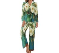 Pigiama Donna Dipinto Olio Vintage Raffigurante Una Rosa Bianca Set Di Pigiama Da Donna Manica Lunga Abbigliamento Per La Casa Due Pezzi Con Bottoni Morbidissimo Casual Sul Bavero Con Tasca Pantaloni