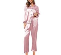 Pigiama Donna Elegante,Set Pigiama alla Moda da Donna, Pigiama in Seta, 2 Pezzi, Set Pigiama in Raso, Manica Lunga, Abbottonato, Abito Casual con Pantaloni
