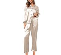 Pigiama Donna Elegante,Set Pigiama alla Moda da Donna, Pigiama in Seta, 2 Pezzi, Set Pigiama in Raso, Manica Lunga, Abbottonato, Abito Casual con Pantaloni