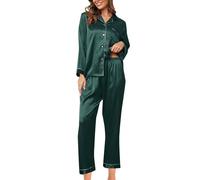 Pigiama Donna Elegante,Set Pigiama alla Moda da Donna, Pigiama in Seta, 2 Pezzi, Set Pigiama in Raso, Manica Lunga, Abbottonato, Abito Casual con Pantaloni