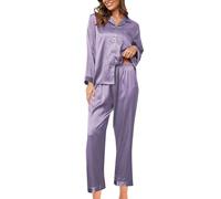 Pigiama Donna Elegante,Set Pigiama alla Moda da Donna, Pigiama in Seta, 2 Pezzi, Set Pigiama in Raso, Manica Lunga, Abbottonato, Abito Casual con Pantaloni