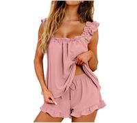 Pigiama Donna Estivo Corto Cotone Pigiami due Pezzi Elegante Comodo Leggero Set Pigiami con Bretelle Tuta Completo Morbido Top da Notte Senza Maniche e Pantaloncini con coulisse Canotta Casa Loungwear