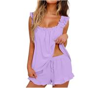 Pigiama Donna Estivo Corto Cotone Pigiami due Pezzi Elegante Comodo Leggero Set Pigiami con Bretelle Tuta Completo Morbido Top da Notte Senza Maniche e Pantaloncini con coulisse Canotta Casa Loungwear