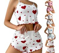 Pigiama Donna Estivo Cotone due Pezzi Pigiama Corto Elegante Leggero Comodi Set Pigiami con Bretelle Sexy Tuta Completo Morbido Sottili Top da Notte Senza Maniche e Pantaloncini Loungwear Elegante