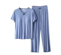 Pigiama Donna Estivo Cotone Manica Corta Lungo da Donna Set 2 Set Coordinato Top a Maniche Corte e Pantaloni con Sottoveste Donna Pigiama Cotone Leggero Donna (Blue, XXL)