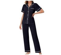 Pigiama Donna Estivo Cotone Pigiami Estivi Corto da con Bottoni Leggero Raso Curvy Seta Aperto Davanti Traspirante Set Morbido Corta Abbottonato a Maniche Corte Sleepwear Indumenti Notte in