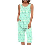 Pigiama Donna Estivo Lungo,Pigiama Donna Elegante Senza Maniche Scollo Girocollo Canotta con Tasca 7/8 Pantaloni Stampa Larghi Casual Leggero Confortevole Pigiami Due Pezzi