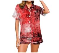 Pigiama Donna Halloween Pigiama Seta Corto con Stampa Sangue Pigiami Corti Raso Leggero con Tasche Pigiami Aperti Davanti Scollo a V Set Due Pezzi con Camicia Maniche Corte e (Brick Red, XXL)