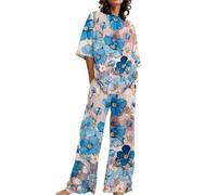 Pigiama Donna Invernale Cotone Abiti Estivi per Donna 2 Set di Lino in Cotone T-Shirt Oversize Pantaloni a Gamba Dritta Tuta Taglie Forti Pigiami Donna Pigiama Donna Cotone Manica (Sky Blue, XXXXXL)