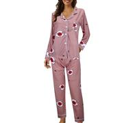 Pigiama Donna Leggero Lungo, Pigiama Bottoni Donna Elegante Pantalone a Gamba Larga E Camicia con Bottoni Scollo V Aperto Davanti con Stampa di Acquerello Pigiama Donna Sexy per La Casa