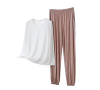 Pigiama Donna Lungo Cotone Pigiama Intero Donna Completo da Casa da con Scollo A V Maniche Lunghe Taglie Forti Design Sottile Tinta Unita Sanitario Raso J XL
