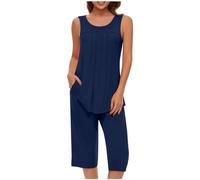 Pigiama Donna Lungo,Pigiama Donna Estivo Senza Maniche Girocollo Canotta Top Pantaloni Capri con Tasca Larghi Casual Tinta Unita Leggero Confortevole Pigiami Due Pezzi