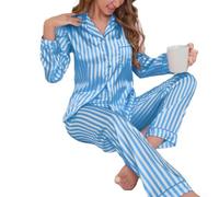 Pigiama Donna Manica Lunga Rigato Completo Due Pigiama Donna(Blue L) | Design rigato elegante, maniche lunghe, pantaloni lunghi, ideale per notti fresche e relax domestico