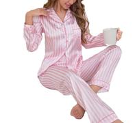 Pigiama Donna Manica Lunga Rigato Completo Due Pigiama Donna(Pink L) | Design rigato elegante, maniche lunghe, pantaloni lunghi, ideale per notti fresche e relax domestico