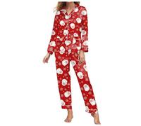 Pigiama Donna Natale Curvy, Pigiama da Donna Autunno Inverno con Scollo A V E Maniche Lunghe, Comodo Pigiama da Due Pezzi per Le Vacanze di Natale (Rosso Anguria, S)