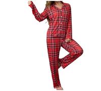 Pigiama Donna Natalizio Elegante - Pigiama in Flanella A Maniche Lunghe, Camicia con Bottoni E Risvolto E Pantaloni Morbidi, Comodo Pigiama da Donna, Abbigliamento da Casa per La Famiglia (Rosso, S)