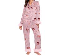 Pigiama Donna Stampato e Durevole Biancheria Da Notte Manica Lunga Pigiama Donna Rilassarsi Dormire Leggero Una serata Dolce Set Sleepwear Due Pezzi, rosso, M