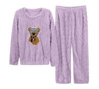 Pigiama Donna,Tuta Pile Donna Invernale da Casa,Caldo Pigiama Velluto Double-Face,Pigiama Comodi Girocollo Maniche Lunghe,Pigiama a Coste Fantasia Casual,Camicia da Notte Sciolto Casual e Confortevole