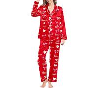 Pigiama e Camicia da Donna a Maniche Corte con Scollo a V Stampato, Tasca con Bottoni (Red, M)
