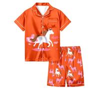 Pigiama Estivo da Bambina, Completo Due Pezzi con Maniche Corte e Pantaloncini, Stampa di Un Cavallo Bianco in Stile Cartone Animato, Ideale per Stare in casa. (Orange, 6-7 Years)