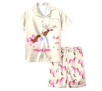 Pigiama Estivo da Bambina, Completo Due Pezzi con Maniche Corte e Pantaloncini, Stampa di Un Cavallo Bianco in Stile Cartone Animato, Ideale per Stare in casa. (Beige, 2-3 Years)