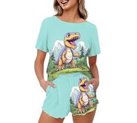 Pigiama estivo da donna, maglietta a maniche corte con pantaloncini, pigiameria lupo, XL, Dinosauro, 5XL