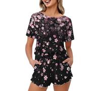 Pigiama estivo da donna, maglietta a maniche corte con pantaloncini, pigiameria lupo, XL, Fiori di ciliegio, 3XL