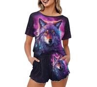 Pigiama estivo da donna, maglietta a maniche corte con pantaloncini, pigiameria lupo, XL, Lupo, S