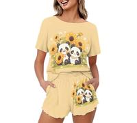 Pigiama estivo da donna, maglietta a maniche corte con pantaloncini, pigiameria lupo, XL, Panda Girasole, XL