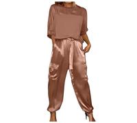 Pigiama estivo donna in satin due pezzi top a mezza manica e pantaloni loose morbido e lucido per la notte