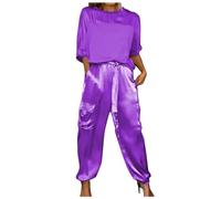 Pigiama estivo donna in satin due pezzi top a mezza manica e pantaloni loose morbido e lucido per la notte