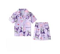 Pigiama Estivo per Bambini, Cardigan a Maniche Corte con Risvolto a Sezione Sottile per Ragazze, Dolce Abbigliamento per la casa Sciolto dei Cartoni Animati nei Bambini Piccoli,Viola,150cm