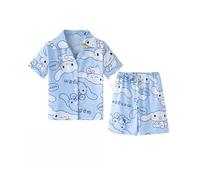 Pigiama Estivo per Bambini, Cardigan a Maniche Corte con Risvolto a Sezione Sottile per Ragazze, Dolce Abbigliamento per la casa Sciolto dei Cartoni Animati nei Bambini Piccoli,Blu,150cm
