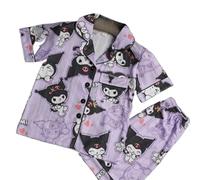 Pigiama Estivo per Bambini, Cardigan a Maniche Corte con Risvolto a Sezione Sottile per Ragazze, Dolce Abbigliamento per la casa Sciolto dei Cartoni Animati nei Bambini Piccoli,Purple1,140cm