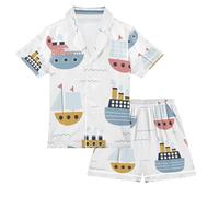 Pigiama estivo per bambini, in raso, con bottoni, maglietta a maniche corte + pantaloncini, abbigliamento da casa, senza cuciture, con navi, barche a vela, set da notte, Marina senza soluzione di