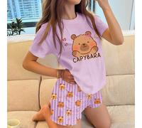 Pigiama estivo per ragazze pre-adolescenti, con stampa carina e divertente di capibara, a righe rosa, crema e giallo, collo rotondo e maniche corte 7Y,8Y,9Y,10Y,11Y,12Y,13YFumettoTessuto in maglia