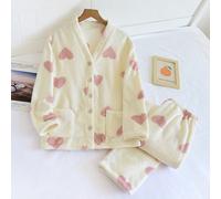 Pigiama Flanella Carino Con Stampa A Cuore Set Da Notte Casual V-Collo NUOVO